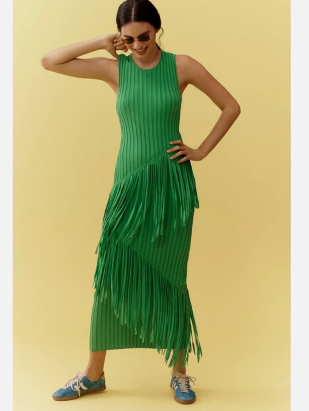 SIMON MILLER Spiral Knit Fringe Bodycon Maxi Dress Green L NWT Anthropologie